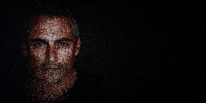 Digital ID Portrait of Man with Face made up of Data. GDPR compliance Concept with copy-space.