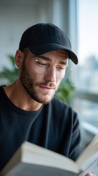 Male reader with glasses wearing a black cap and sweater, focused on a book while sitting near a window with plants and cityscape in the background