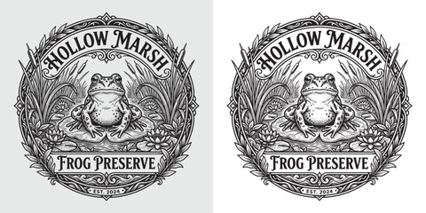 Detailed vintage circular emblem logo of a frog sitting on a lily pad in a marsh, botanical illustration style © Hamdani