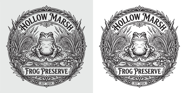 Detailed vintage circular emblem logo of a frog sitting on a lily pad in a marsh, botanical illustration style