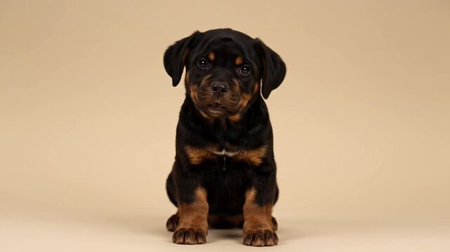 Adorable Rottweiler Puppy Sitting Calmly on a Neutral Background.