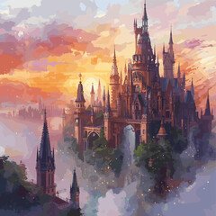 Majestic fantasy castle floating among clouds at sunset, rendered in a beautiful watercolor style with vibrant colors. © Ngeluspupu