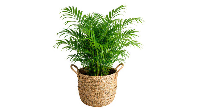 Small parlor palm in woven basket with houseplant isolated on transparent background