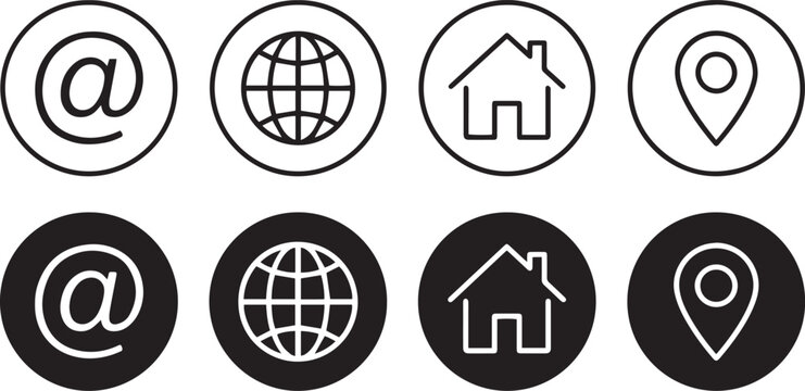 Contact us icon set vector illustration with email globe home and location pointer symbols for business website and business card