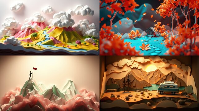 Papercraft landscapes depict serene scenes. Mountains, rivers, trees, tiny figures create whimsical dioramas. Warm colors dominate composition.
