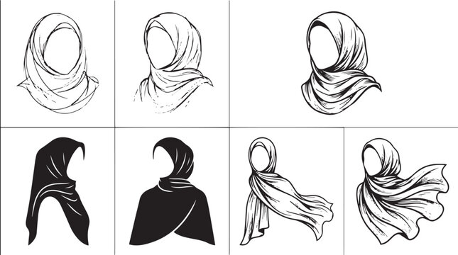 Muslim women hijab vector collection featuring beautiful line art and silhouette illustrations of traditional Islamic headscarves for elegant modest fashion design.