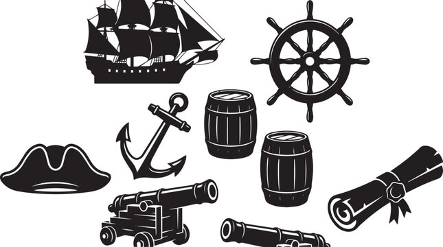 Nautical pirate silhouette vector collection featuring black icons of sailing ship helm anchor cannon barrel and treasure map scroll for maritime design.