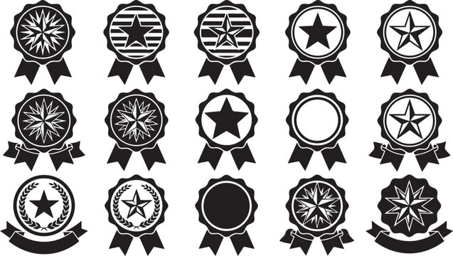 Patriot ribbon badge vector collection featuring black silhouette icons of star medals american rosettes and laurel wreaths for military reward design.