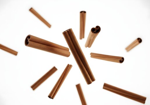 Aromatic cinnamon sticks are artfully arranged in a dynamic circular pattern against a light expanse, evoking culinary warmth and spiced fragrance for inviting recipe and ingredient imagery