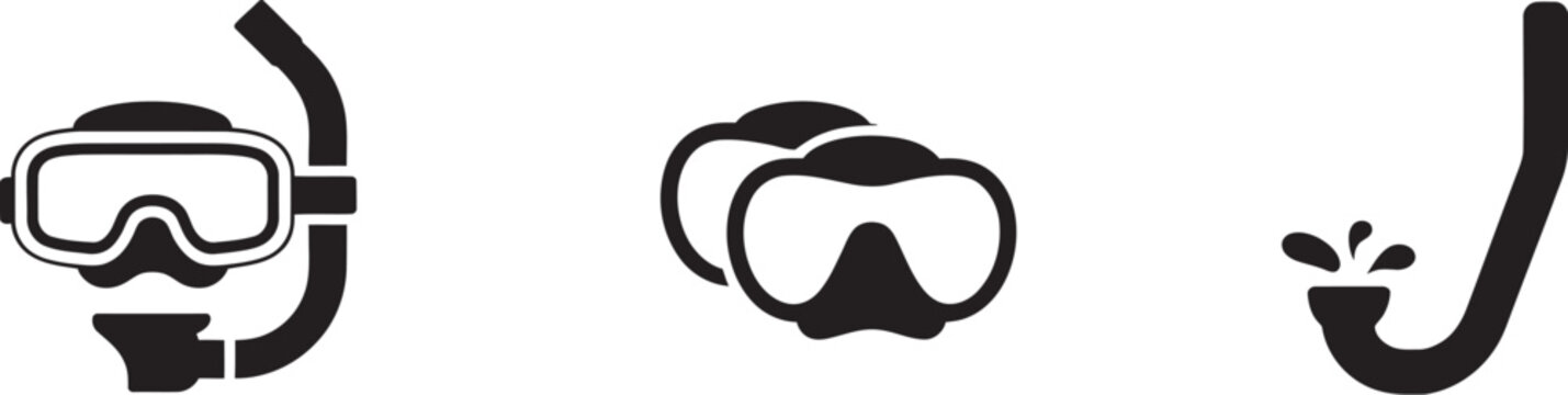 Set of black diving and snorkeling equipment icons featuring goggles and snorkels for underwater swimming and scuba diving adventures, clean monochrome vector collection 