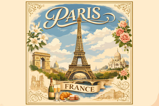 Vintage-style illustration of Paris featuring the Eiffel Tower, Arc de Triomphe, Sacr&eacute;-C&oelig;ur, flowers, champagne, and a croissant, with 'Paris France' banner.