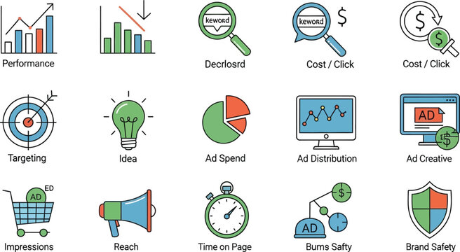 Digital marketing metrics icons set performance cost targeting and brand safety concepts