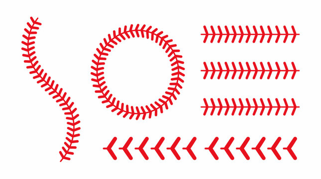 Red baseball stitching patterns arranged in various shapes and lines
