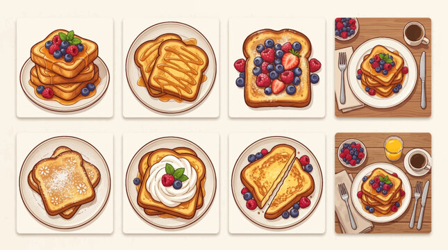 Set of delicious breakfast french toast illustrations.