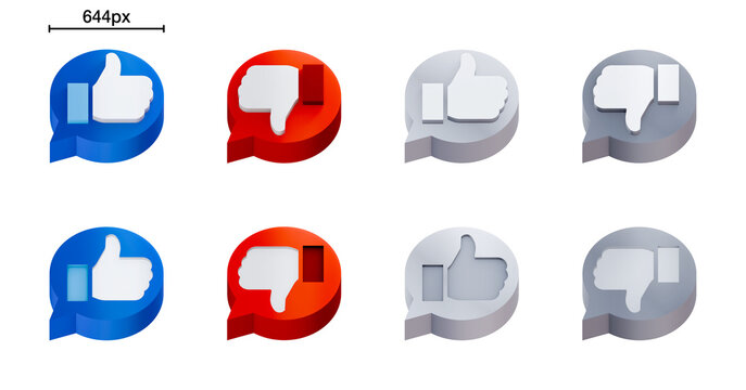 Set of thumbs up and thumbs down icons for like and dislike, 3D icon design, three-dimensional icon design, full color, monochrome, black and white