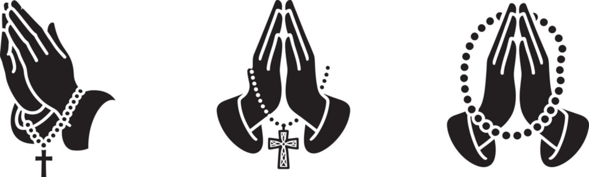 Set of black silhouette icons of praying hands holding rosary beads and crosses, minimalist religious symbols of faith, prayer, and devotion, clean vector collection ideal for spiritual, worship,