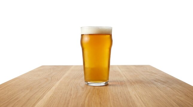 Cold Pint of Golden Lager on Wooden Table Isolated on White