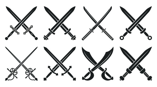 Set of black silhouettes of crossed swords and daggers.