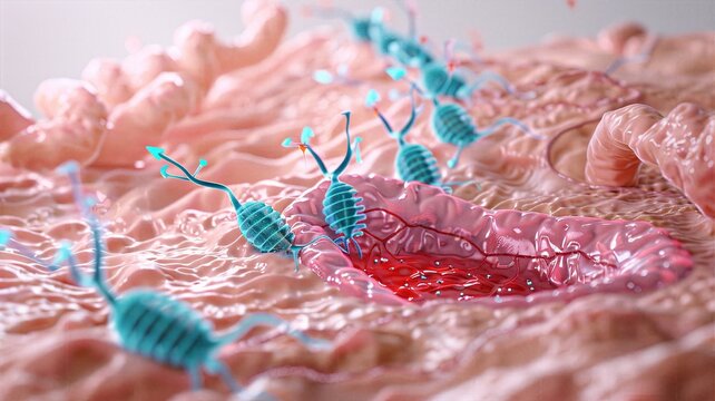 Medical illustration of blue bacteriophages attacking pathogens on pink cellular tissue surface with open blood pore representing immune response biotechnology virology and genetic engineering