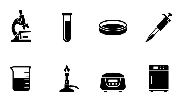 8 Science Laboratory Equipment Silhouette Icons, Flat, for Research and Education
