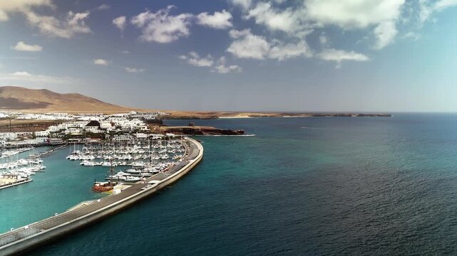 Aerial drone view of Marina Rubicon and Castillo del Aguila, Lanzarote