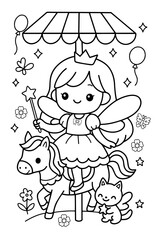 Fototapeta premium Cute fairy princess riding carousel horse coloring page for kids