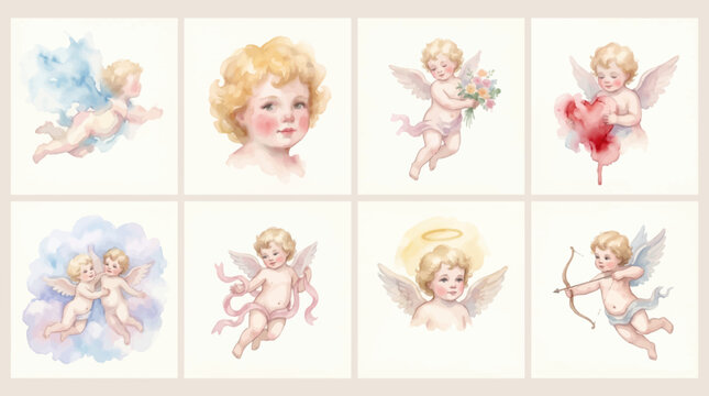 Set of cute watercolor cherub angels with wings for festive greeting cards.