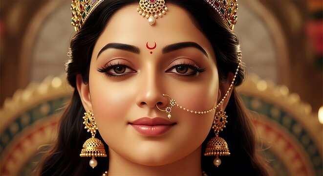 Portrait of beautiful Indian woman wearing traditional gold jewelry and crown