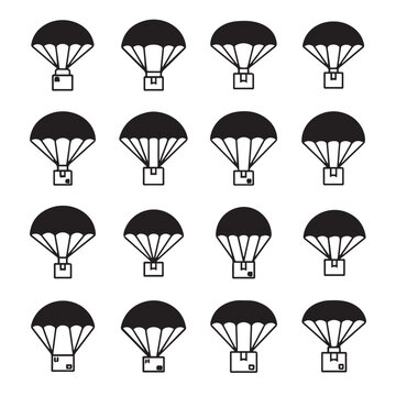 Delivery parachutes dropping packages in a repeating pattern on a white background a logistical concept