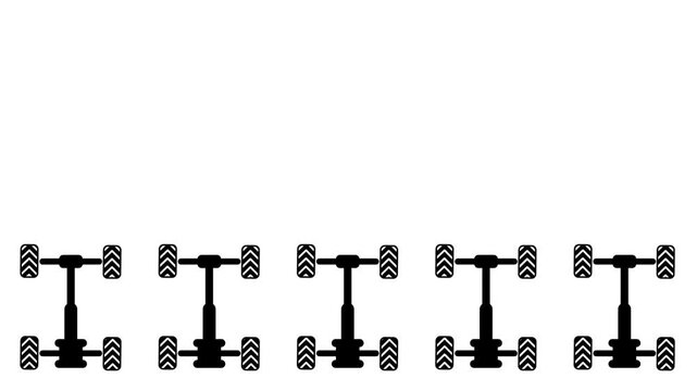 A repeating row of multiple car axle and wheel assemblies arranged horizontally, showing a set of vehicle drivetrain components for mechanical reference