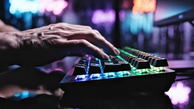 Close Up of Hand Pressing RGB Gaming Keyboard Keys, Esports Technology, Neon Backlit Mechanical Keyboard and Competitive Gaming Setup