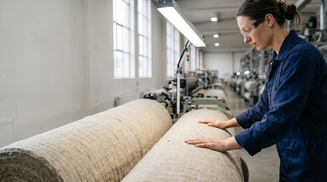 Female factory worker inspecting fabric rolls in textile mill