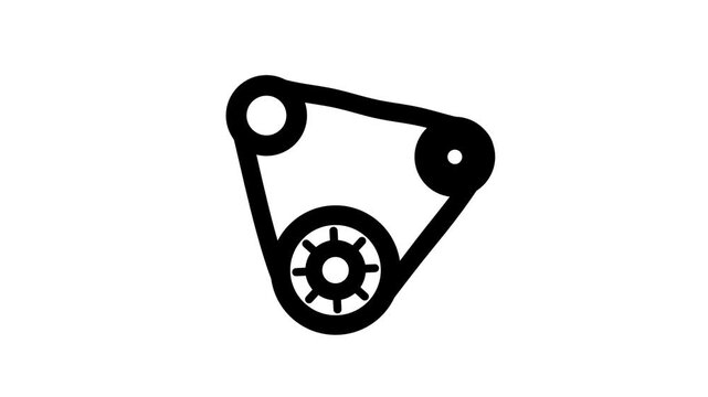 An automotive timing or drive belt and pulley system icon, showing two gear pulleys connected by a belt used in engine power transmission mechanisms