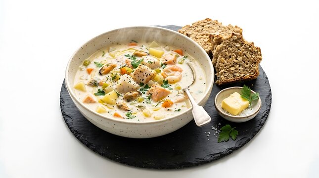Creamy Seafood Chowder with Salmon Shrimp and Rustic Bread