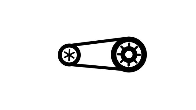 A side-view mechanical belt drive system showing two pulleys connected by a flat belt, representing power transmission in engines or industrial machinery