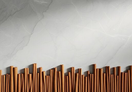 Arranged cinnamon sticks form a textured border across a marbled stone surface, casting subtle shadows that create a visually rich organic pattern perfect for culinary or home decor themes