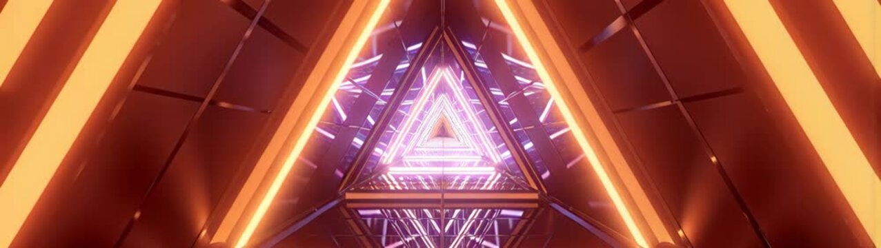 Golden glowing triangular tunnel shaping an endless pathway, reflecting light and creating infinite geometric forms and futuristic travel.