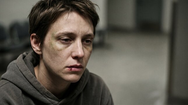 Close-up of an injured woman with a bruised eye and cut lip looking down in a bleak indoor setting, representing abuse or trauma.