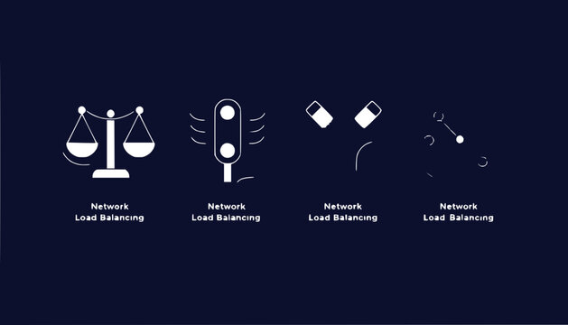 Network Load Balancing Icons: Scales, Traffic Light, Servers, Nodes