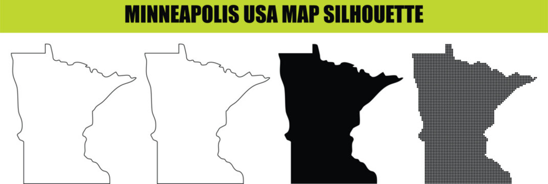 Minnesota state map silhouette graphics set featuring vector outline solid black shape and modern dotted design.