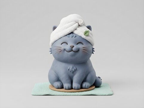3D Clay Illustration of a Cute Chubby British Shorthair Cat with Spa Towel Turban