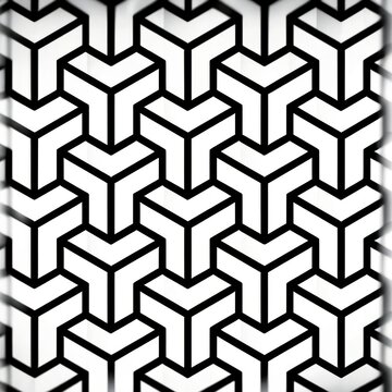 A black and white geometric pattern features a repeating hexagonal design with a slight offset, creating a sense of depth