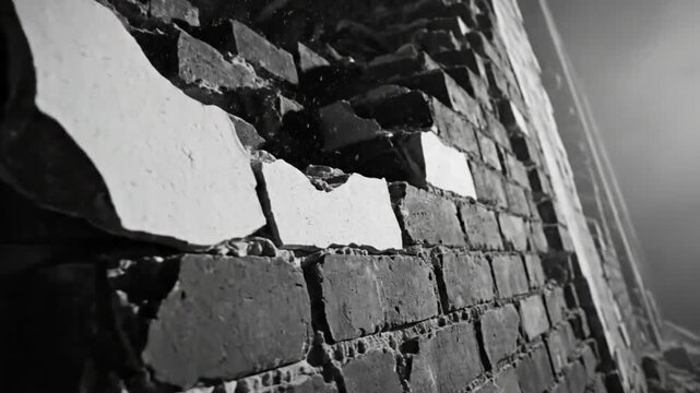 Black and white brick wall close-up with pieces of broken debris, textural background, architectural damage