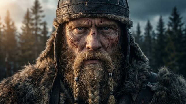 Intense portrait of a battle-scarred Viking warrior with blue eyes and a braided beard wearing fur and leather armor in a northern forest.