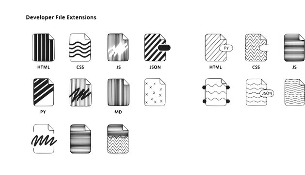 Hand-drawn developer file extensions icons: HTML, CSS, JS, JSON, PY, MD