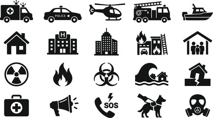 Emergency Service And Disaster Icons Flat Black Silhouette Collection © Nilufasultana