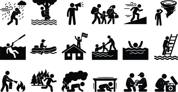 Disaster related Pictograms Black Silhouette Icons On White Background
