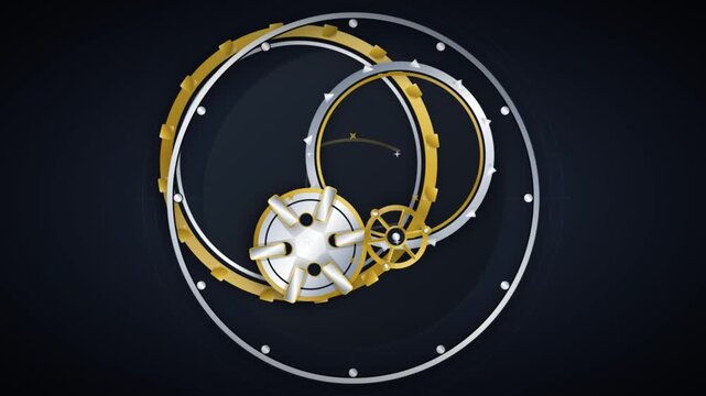 Rotating gold and silver clockwork gears on a dark background