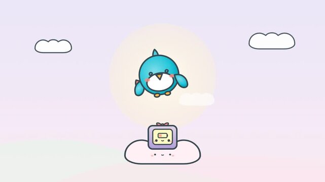 Blue bird flying through clouds with a purple vintage television set
