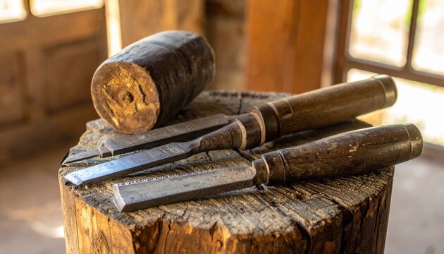 Rustic wooden mallet and sharp worn stone chisels on a textured wood surface